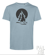Männer t-shirt in hellblau mit schwarzem logo stylisierte kiefern und pälz schriftzug creme anthrazit