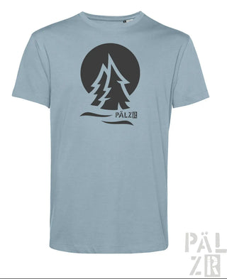 Männer t-shirt in hellblau mit schwarzem logo stylisierte kiefern und pälz schriftzug creme anthrazit