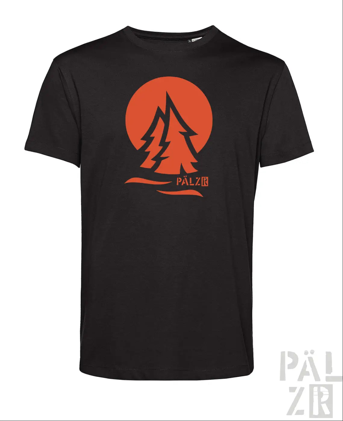 Schwarzes männer t-shirt aus baumwolle mit oranger grafik stilisierter kiefern und pälzb logo anthrazit