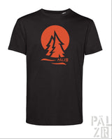 Schwarzes männer t-shirt aus baumwolle mit oranger grafik stilisierter kiefern und pälzb logo anthrazit