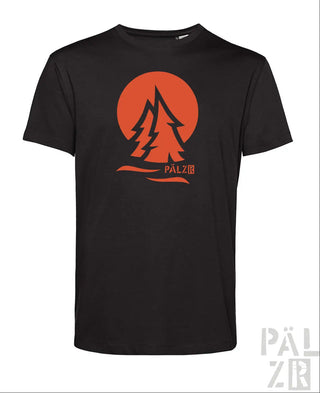 Schwarzes männer t-shirt aus baumwolle mit oranger grafik stilisierter kiefern und pälzb logo anthrazit