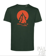 Dunkelgrünes kurzärmliges männer t shirt mit orangem grafikprint stylisierte kiefern und pälz logo unten