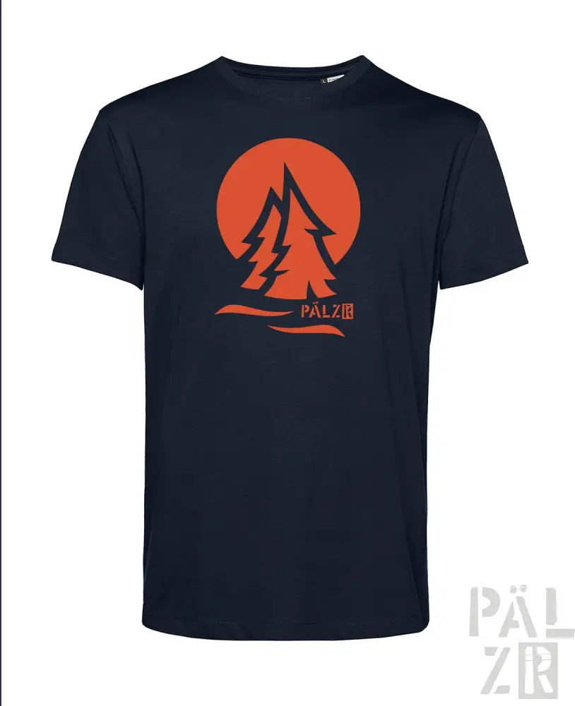 Marineblaues T-Shirt mit Orangenbaum-Design und ’palzib’-Text, aus Baumwolle.