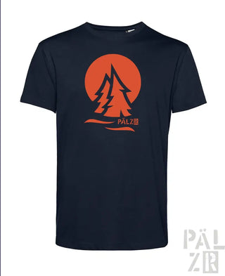 Marineblaues T-Shirt mit Orangenbaum-Design und ’palzib’-Text, aus Baumwolle.