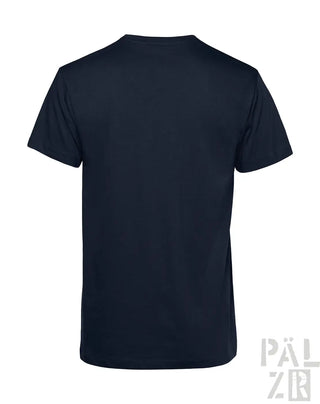 Marineblaues T-Shirt mit kurzen Ärmeln und Rundhals.