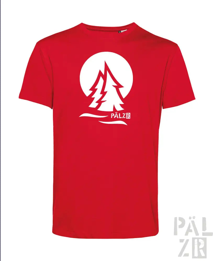 Rotes T-Shirt mit weißem Baum-Design und Text „palzer“ auf der Vorderseite.