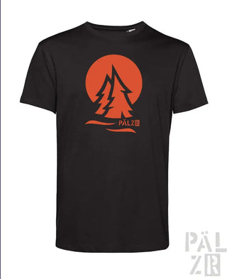 Schwarzes T-Shirt mit Orangenbaum-Design und Text ’palzir’ auf der Vorderseite.