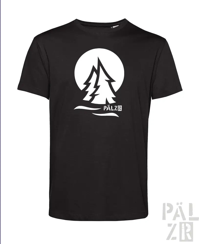 Schwarzes T-Shirt mit weißem Baum-Design und Text „palzir“ auf der Vorderseite.