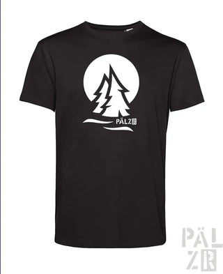 Schwarzes T-Shirt mit weißem Baum-Design und Text „palzir“ auf der Vorderseite.