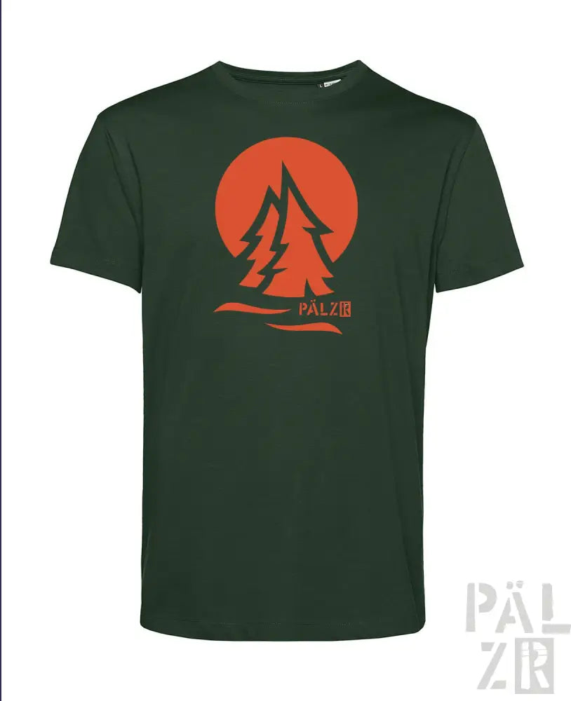 Grünes T-Shirt mit Orangenbaum-Design und Markenlogo.