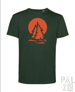 Grünes T-Shirt mit Orangenbaum-Design und Markenlogo.