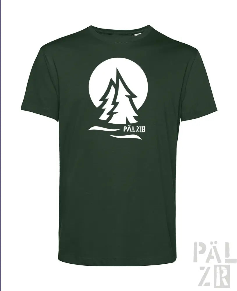 Dunkelgrünes T-Shirt mit weißem Baum-Design und Text „palzir“ auf der Vorderseite, aus Baumwolle gefertigt.