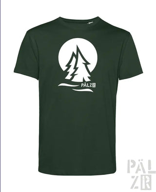 Dunkelgrünes T-Shirt mit weißem Baum-Design und Text „palzir“ auf der Vorderseite, aus Baumwolle gefertigt.