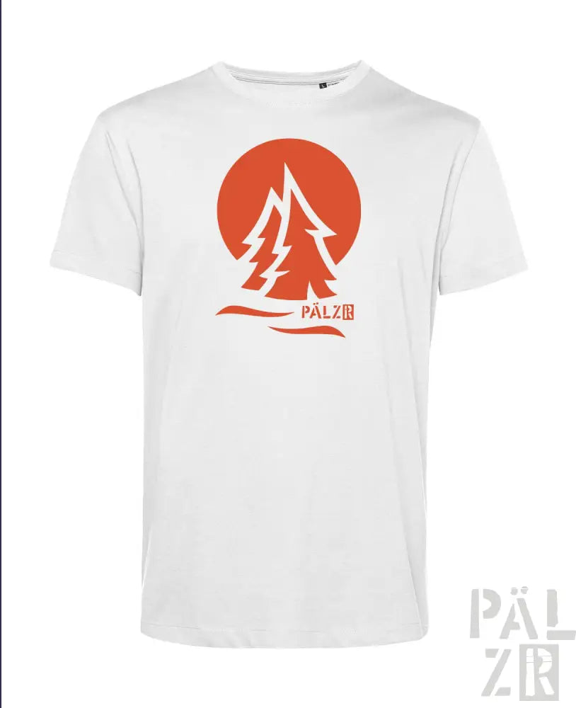 Weißes T-Shirt mit rotem Baum-Design und Text „pälzbr“ auf der Vorderseite.