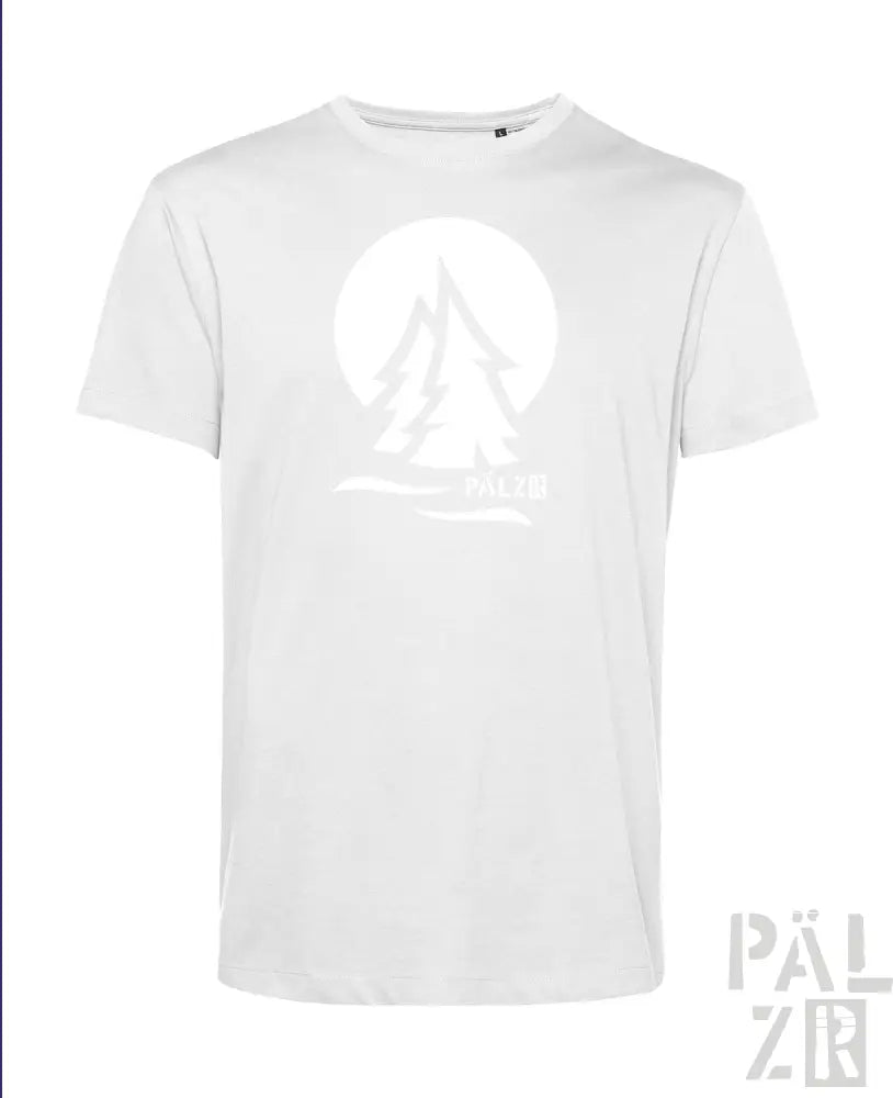 Weißes T-Shirt mit Baum-Design und Kreissilhouette, Pälzar Marke.