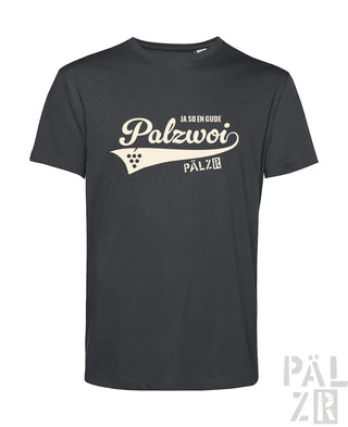 Kohle-graues T-Shirt mit ’palzwoi’-Logo und Karo-Fahnen-Design, mit einem retro-inspirierten Grafikmotiv.