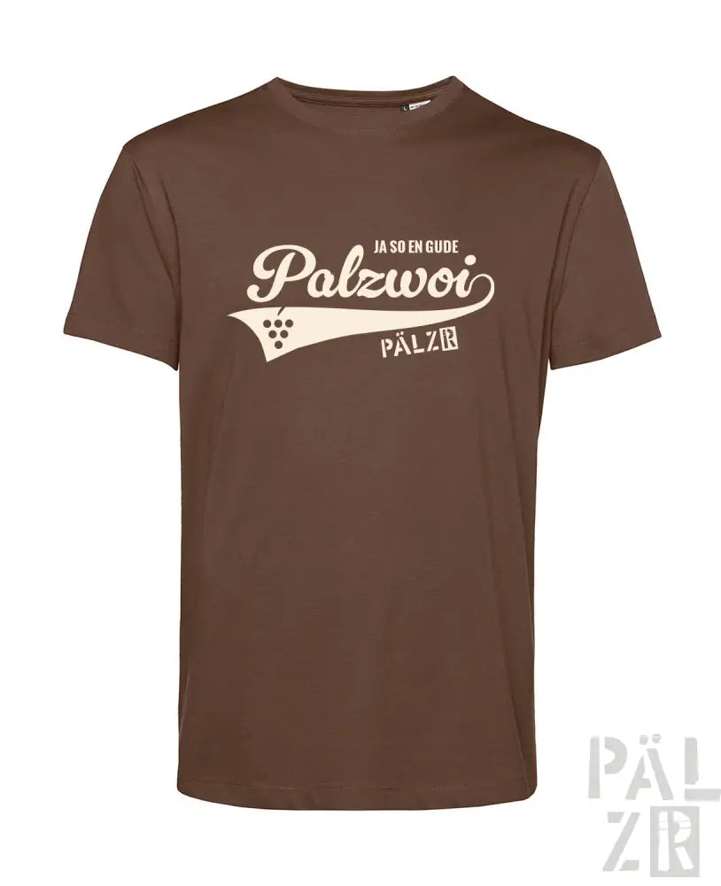 Braunes T-Shirt mit weißem ’palzwoi’-Design und Logo.
