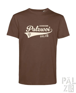 Braunes T-Shirt mit weißem ’palzwoi’-Design und Logo.