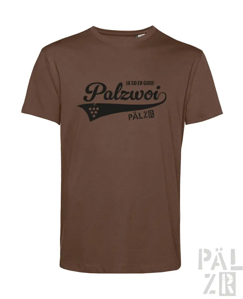 Braunes T-Shirt mit ’palzwoi’-Design und Weinreben-Grafik, Baumwollmaterial.