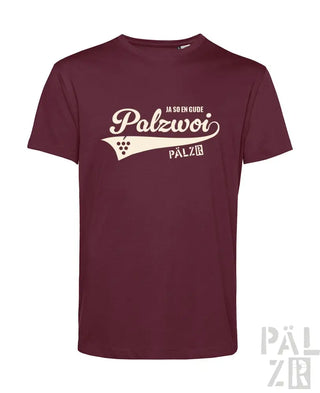 Bordeaux-Farbenes T-Shirt mit weißem ’Palzwoi’-Logo und Textdesign, das einen weinroten Stoff aufweist.