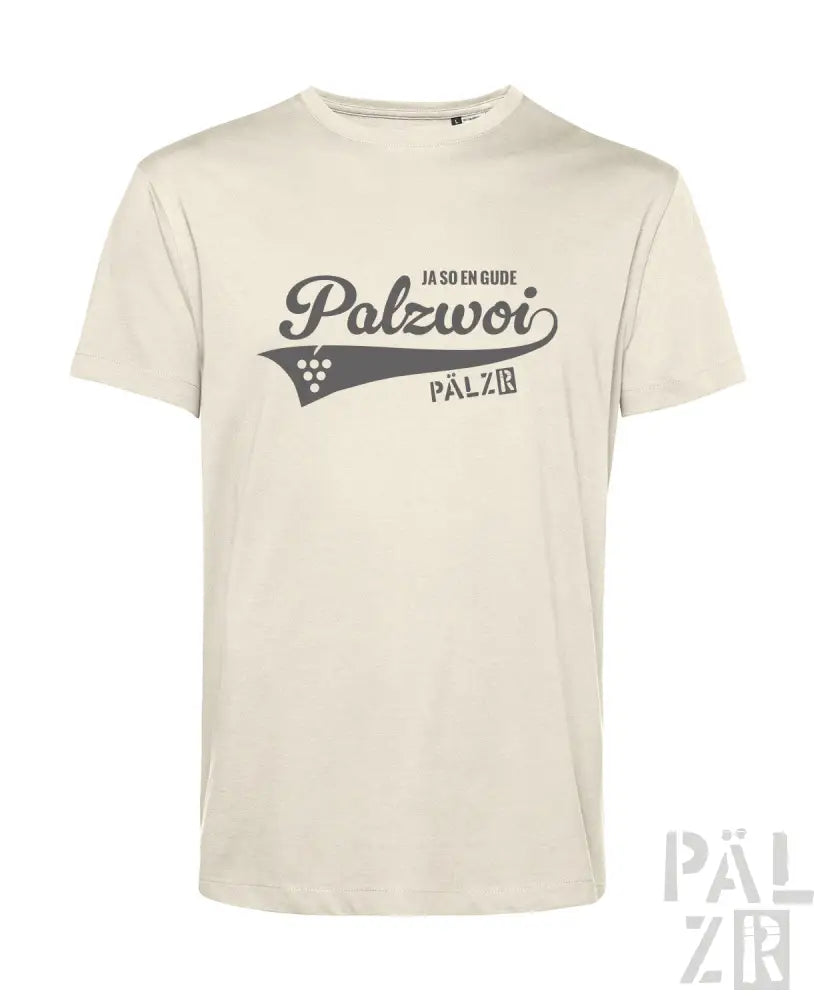 Cremeweiße Baumwoll-T-Shirt mit ’palzwoi’-Grafik und Weintrauben-Design.