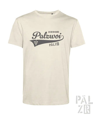 Cremeweiße Baumwoll-T-Shirt mit ’palzwoi’-Grafik und Weintrauben-Design.