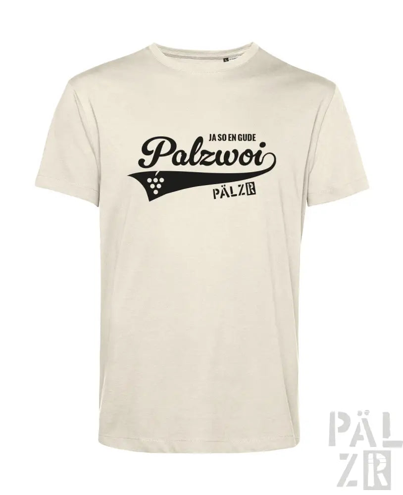 Cremeweiße T-Shirt mit schwarzem Text und Design, das ’palzwoi’ in einer gestalteten Schriftart zeigt.