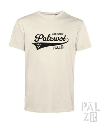 Cremeweiße T-Shirt mit schwarzem Text und Design, das ’palzwoi’ in einer gestalteten Schriftart zeigt.