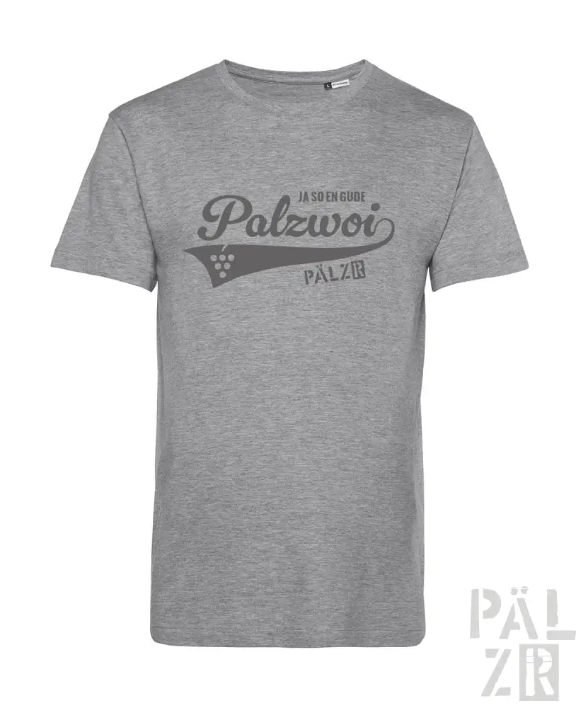 Grauer Melange-T-Shirt mit ’polzwori’-Design und Logo.