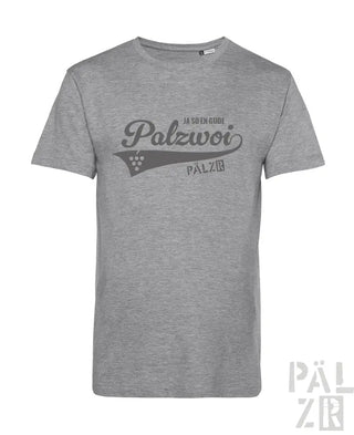 Grauer Melange-T-Shirt mit ’polzwori’-Design und Logo.