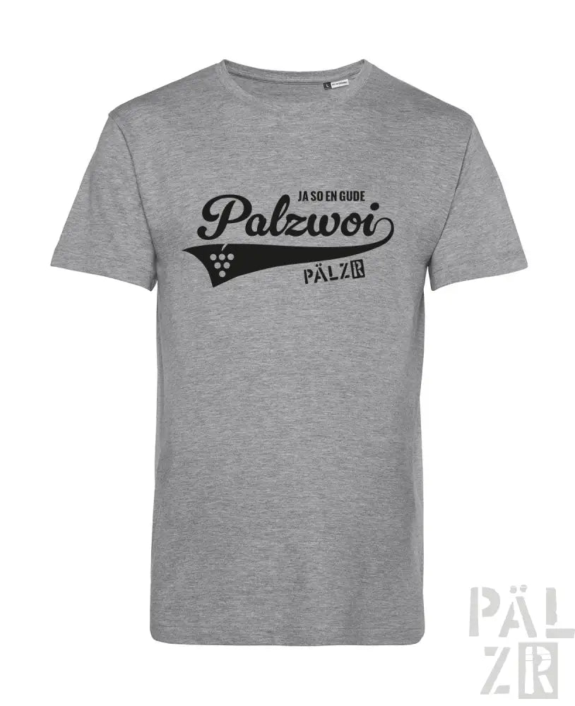 Graues Baumwoll-T-Shirt mit schwarzem ’palzwoi’-Logo und Textdesign.