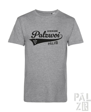 Graues Baumwoll-T-Shirt mit schwarzem ’palzwoi’-Logo und Textdesign.