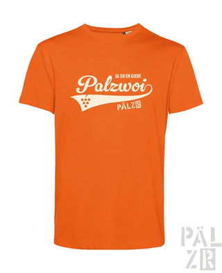 Orangenes Baumwoll-T-Shirt mit ’palzwoi’-Logo und Trauben-Design.