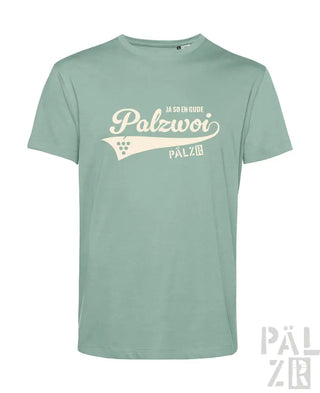 Minzgrünes T-Shirt aus Bio-Baumwolle mit Grafikdesign ’palzwori’.