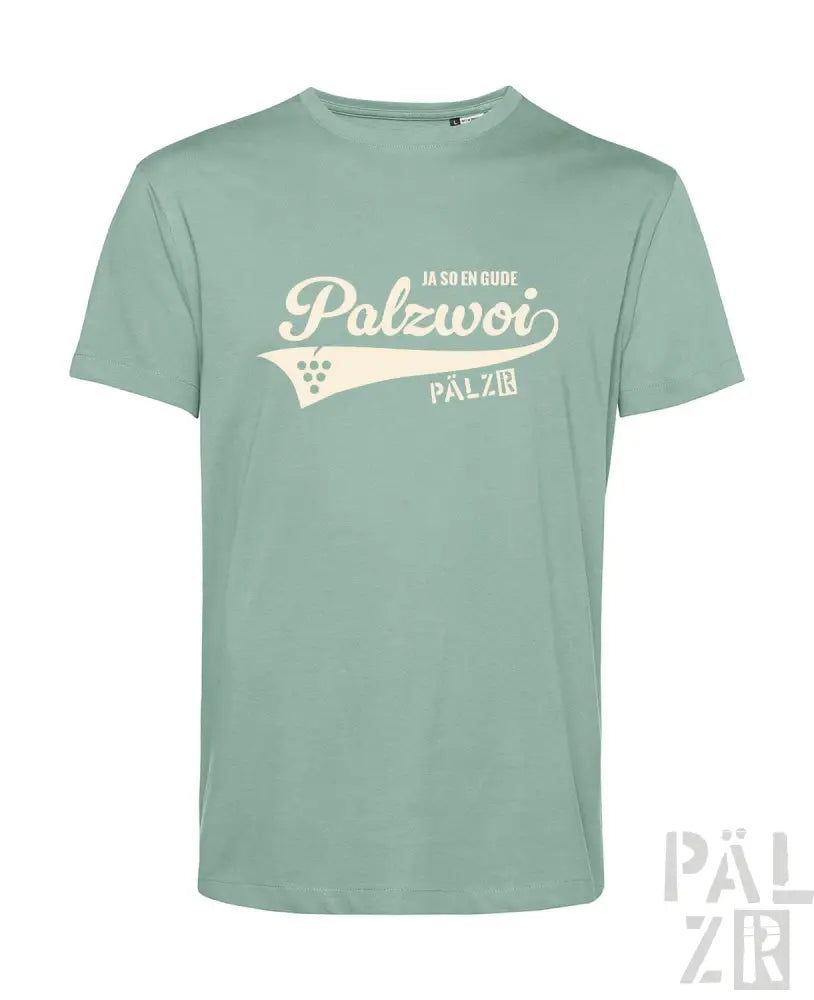 Minzgrünes Bio-Baumwoll-T-Shirt mit ’palzwori’ Grafikdesign.