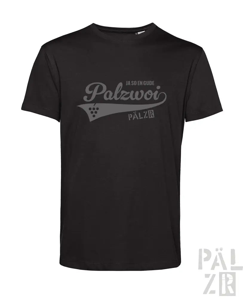 Schwarzes T-Shirt mit ’palzwori’ Grafikdesign und Weintrauben, aus Baumwolle.