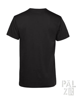 Schwarzes, einfarbiges T-Shirt mit kurzen Ärmeln und Rundhals.