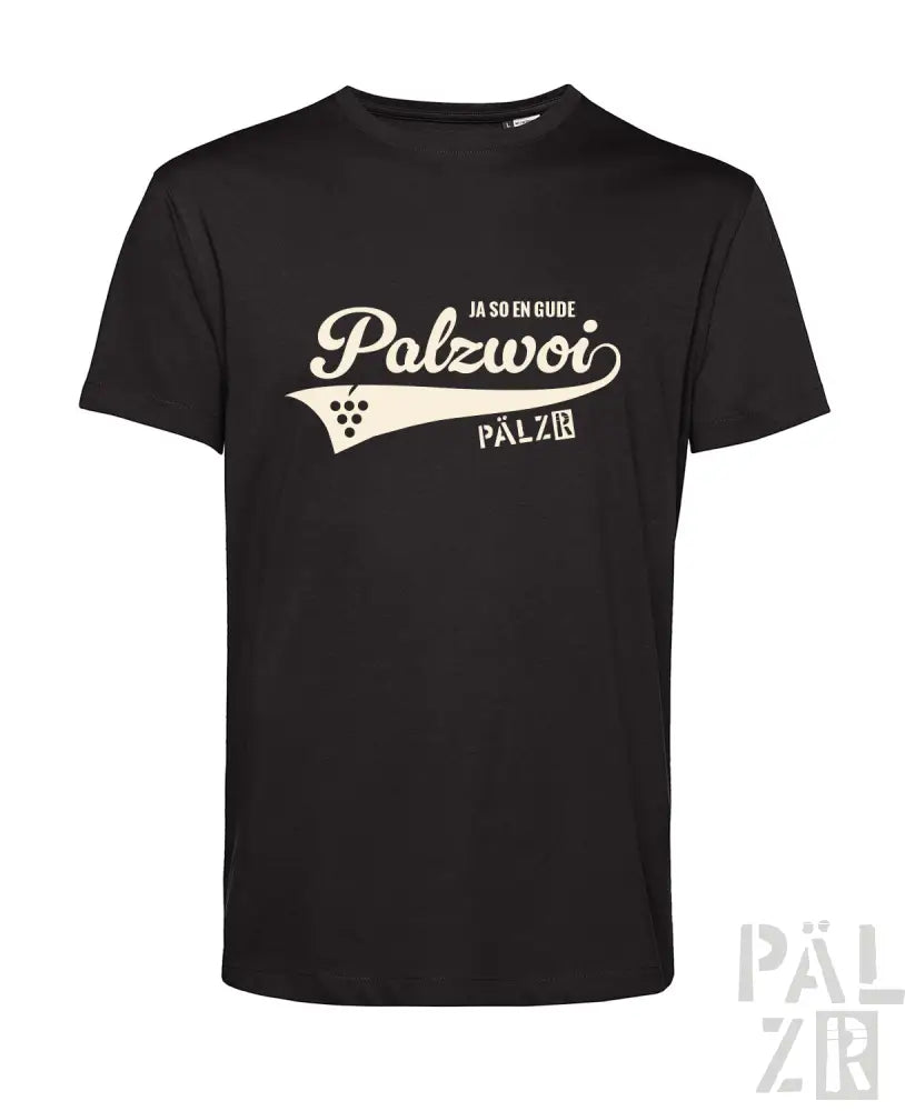 Schwarzes T-Shirt mit weißem ’palzwoi’-Logo und Textdesign.