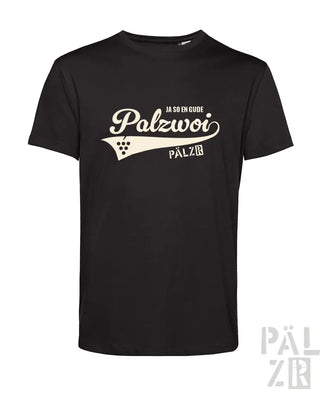 Schwarzes T-Shirt mit weißem ’palzwoi’-Logo und Textdesign.