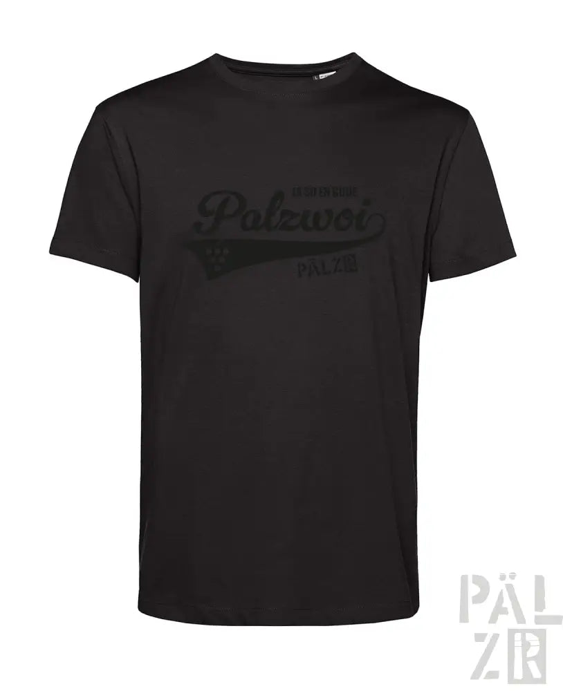 Schwarzes T-Shirt mit ’pälzor’-Logo-Design, aus Baumwolle.