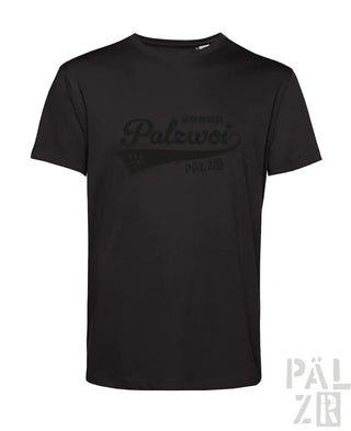 Schwarzes T-Shirt mit ’pälzor’-Logo-Design, aus Baumwolle.