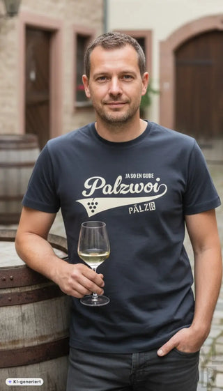 Dunkelblaues baumwoll männer t-shirt palzwoi mit weißem kursivtext und weinreben grafik