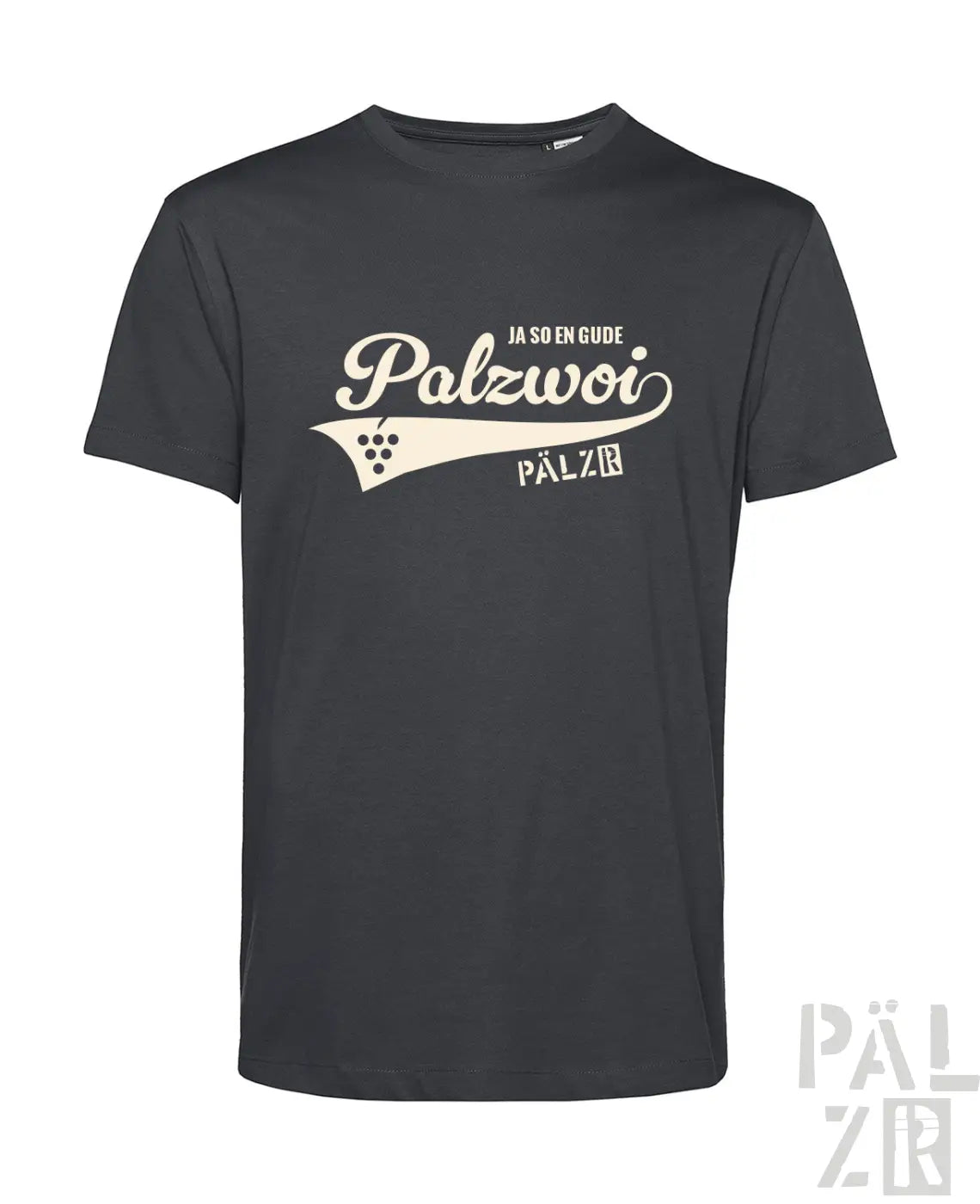 Schwarzes männer t-shirt aus baumwolle mit creamfarbenem palzwoi schriftzug und traubenillustrationen verschiedene farben