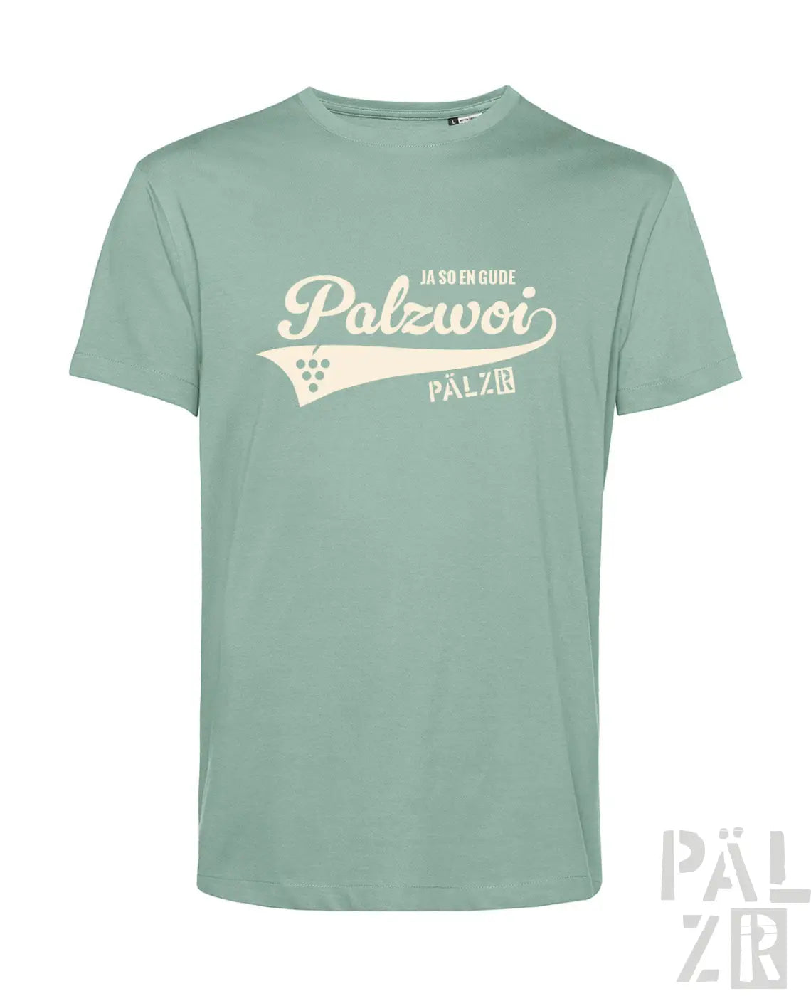 Ein mintgrünes männer t-shirt aus baumwolle mit creamfarbenem vintage palzwoi print und weinreben details