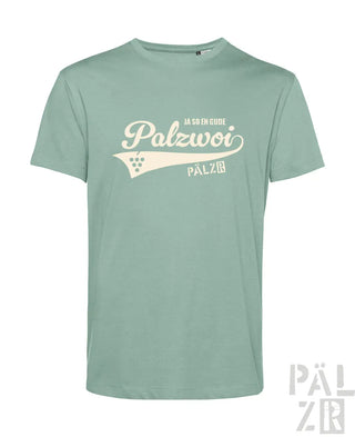Ein mintgrünes männer t-shirt aus baumwolle mit creamfarbenem vintage palzwoi print und weinreben details