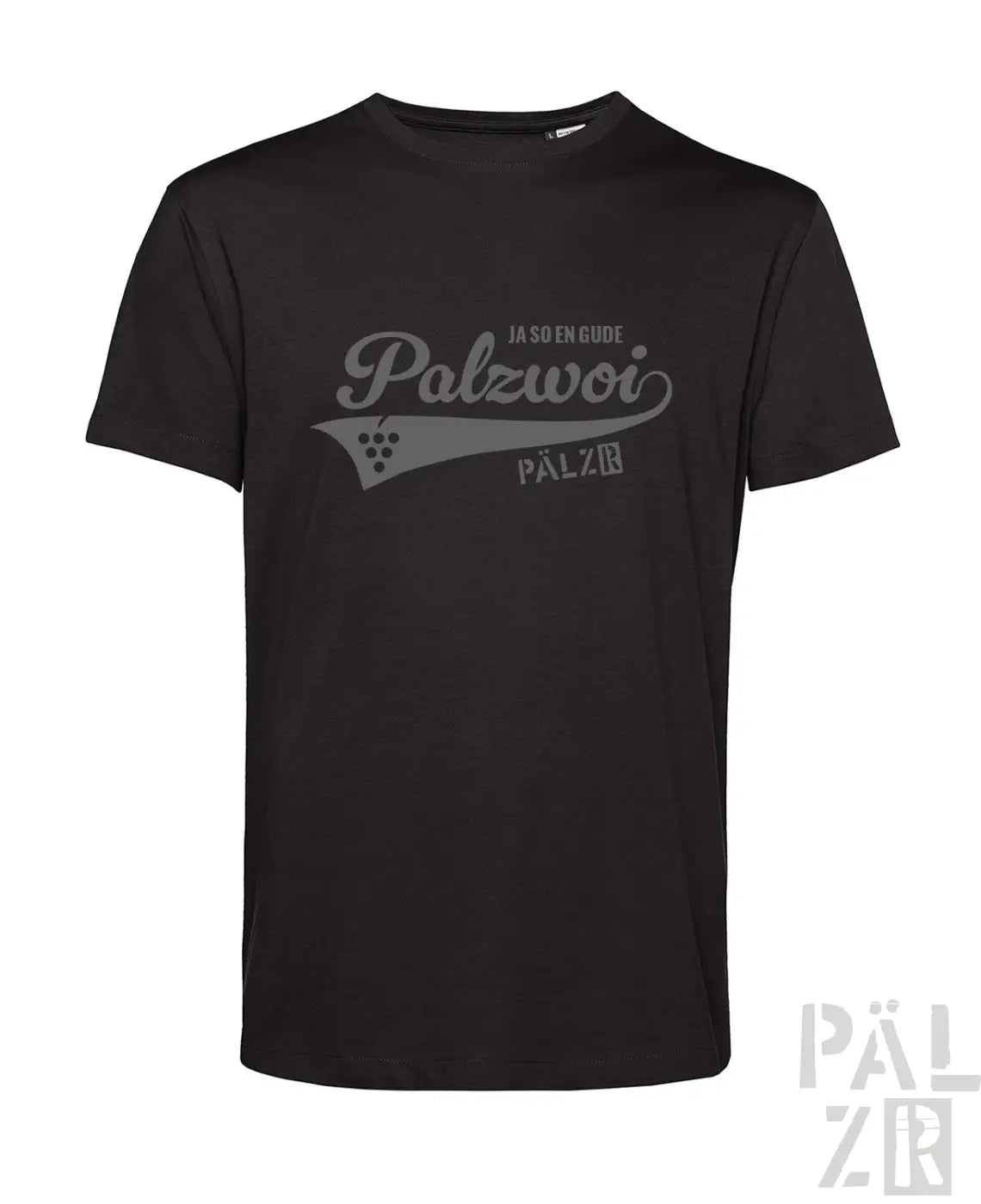 Schwarzes männer t shirt mit grauem palzwoi schriftzug und traubenmotiv aus der t shirt palzwoi kollektion