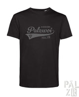 Schwarzes männer t shirt mit grauem palzwoi schriftzug und traubenmotiv aus der t shirt palzwoi kollektion