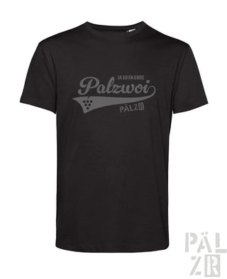 Schwarzes männer t shirt mit grauem palzwoi schriftzug und traubenmotiv aus der t shirt palzwoi kollektion