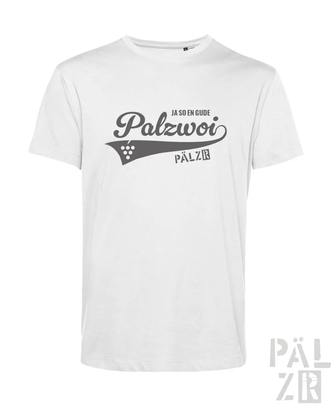 Weißes baumwoll männer t-shirt mit grauem palzwoi schriftzug und rebenmotiv ja so en g ude pälz