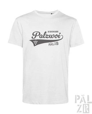 Weißes baumwoll männer t-shirt mit grauem palzwoi schriftzug und rebenmotiv ja so en g ude pälz